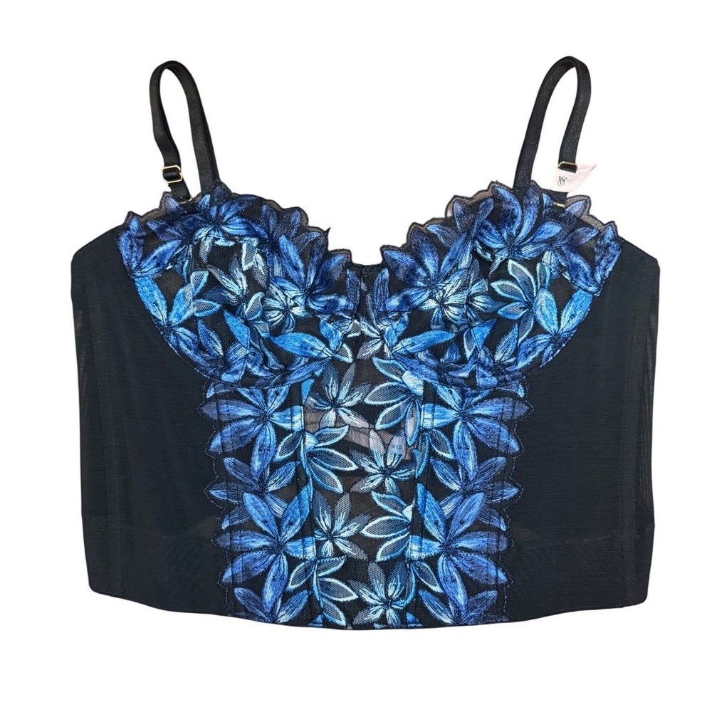 Victorias Secret Floral Embroidered Mesh Bustier Corset Top Black Blue 32DD NWT
